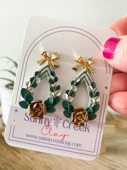 Sage green handmade floral polymer clay earrings