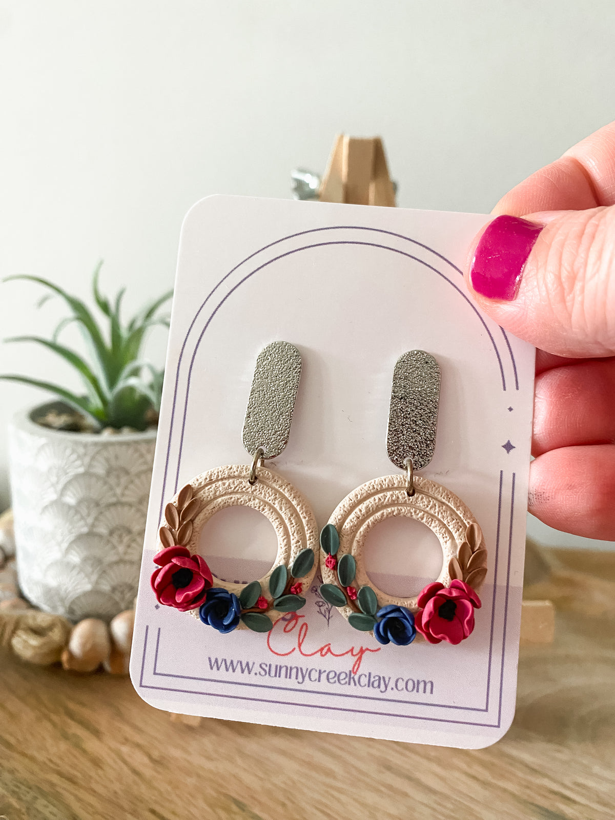 Tan embossed circle handmade floral polymer clay earrings