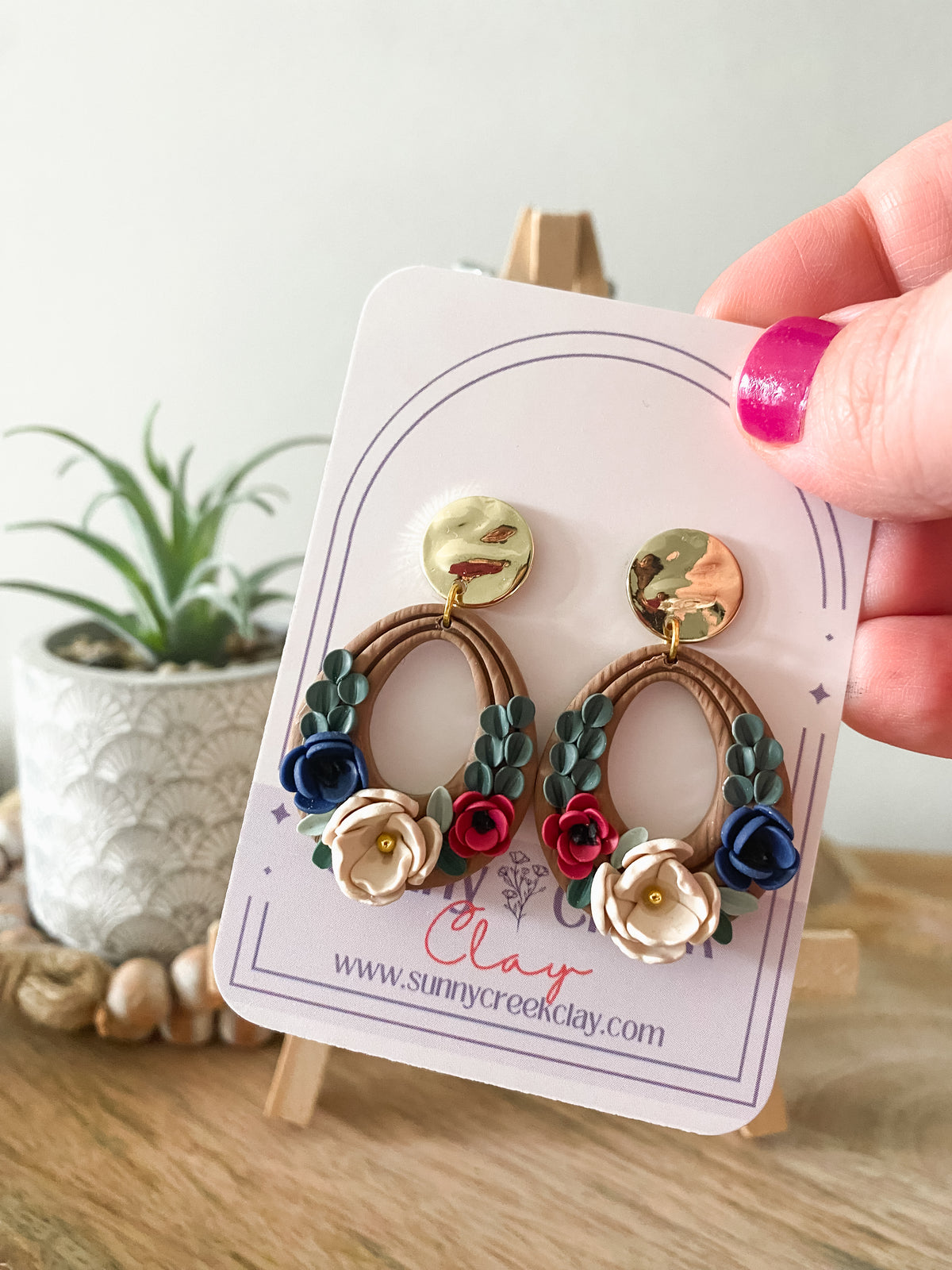 Tan Handmade Floral Polymer Clay Earrings