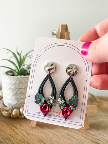 Black Floral Handmade Polymer Clay Earrings