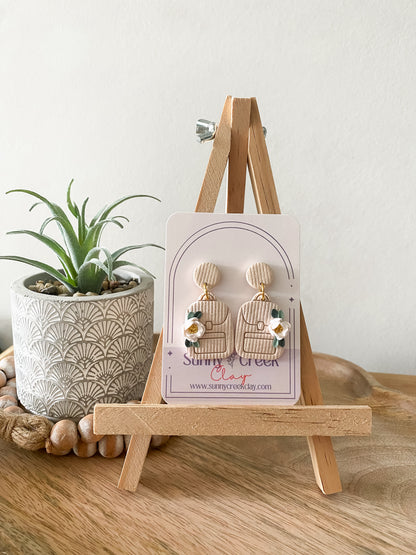 Floral backpack handmade polymer clay earring collection