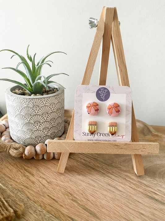 Bow pencil duo handmade polymer clay stud earrings
