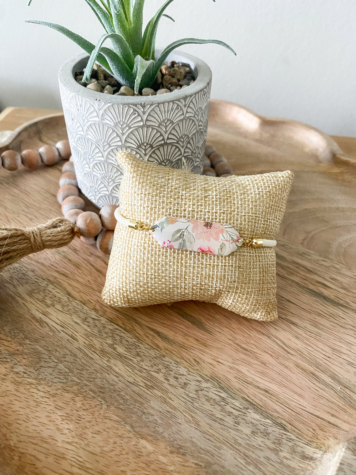 Soft pink floral print handmade polymer clay bracelet collection