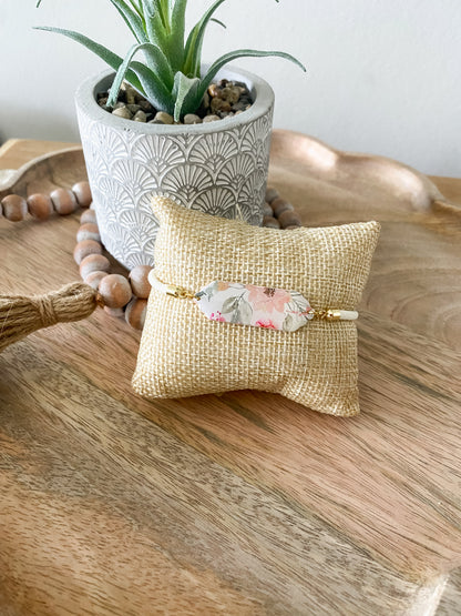 Soft pink floral print handmade polymer clay bracelet collection