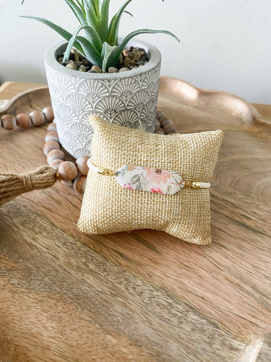 Soft pink floral print handmade polymer clay bracelet collection