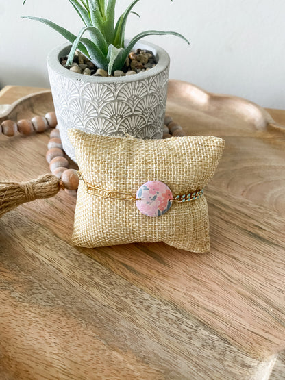 Pink floral handmade polymer clay bracelet
