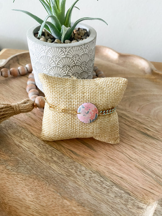 Pink floral handmade polymer clay bracelet