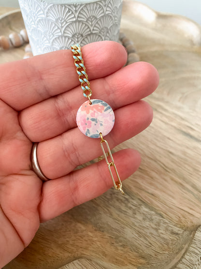 Pink floral handmade polymer clay bracelet