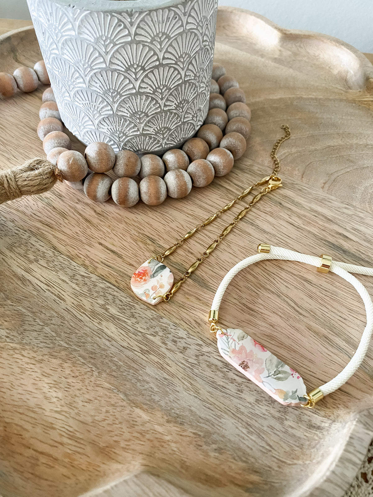 Soft pink floral print handmade polymer clay bracelet collection