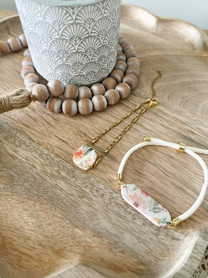 Soft pink floral print handmade polymer clay bracelet collection
