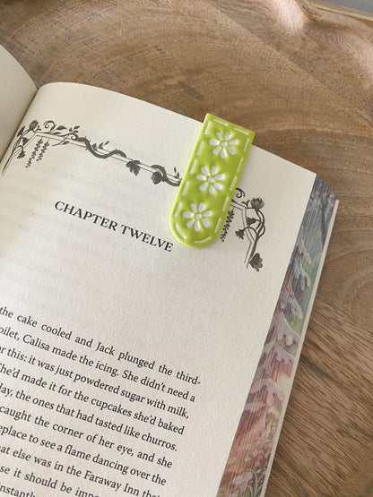 Neon green & black floral handmade polymer clay bookmark