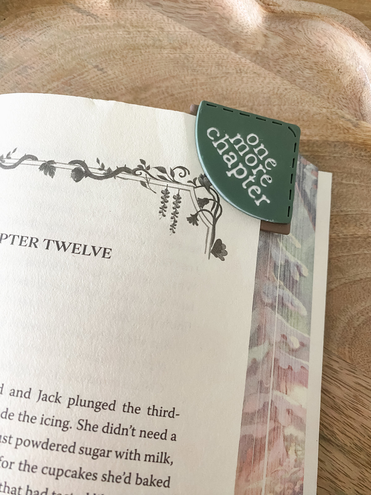 Green & tan One More Chapter handmade polymer clay corner bookmark
