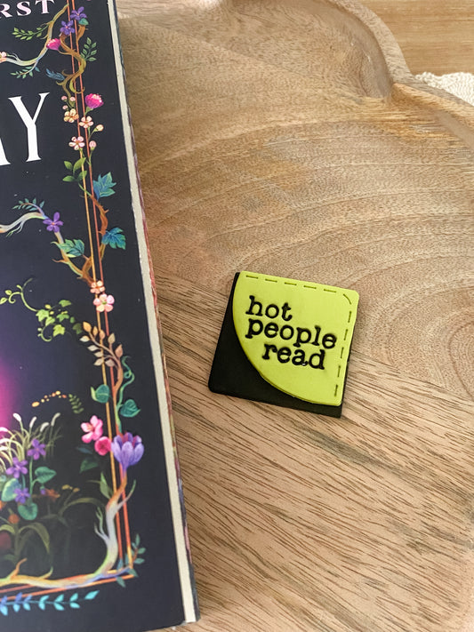 Neon green & black Hot People Read handmade polymer clay corner bookmar
