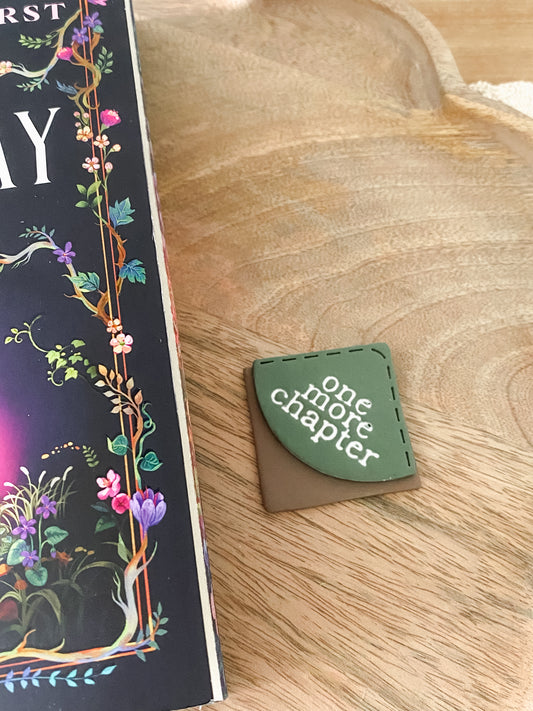 Green & tan One More Chapter handmade polymer clay corner bookmark
