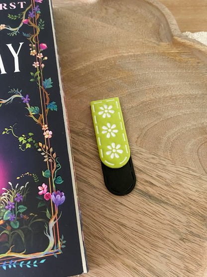 Neon green & black floral handmade polymer clay bookmark