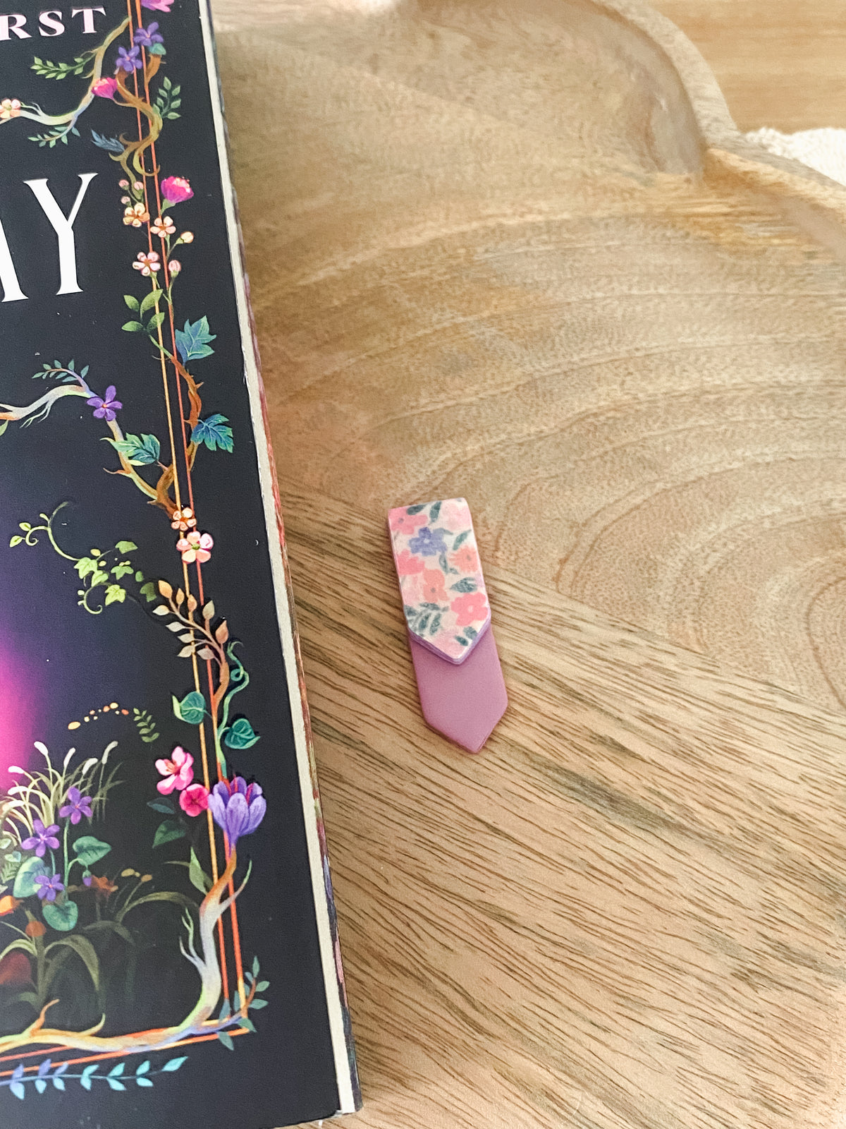 Small purple floral handmade polymer clay bookmark