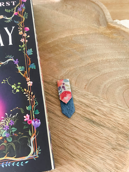 Small blue floral handmade polymer clay bookmark