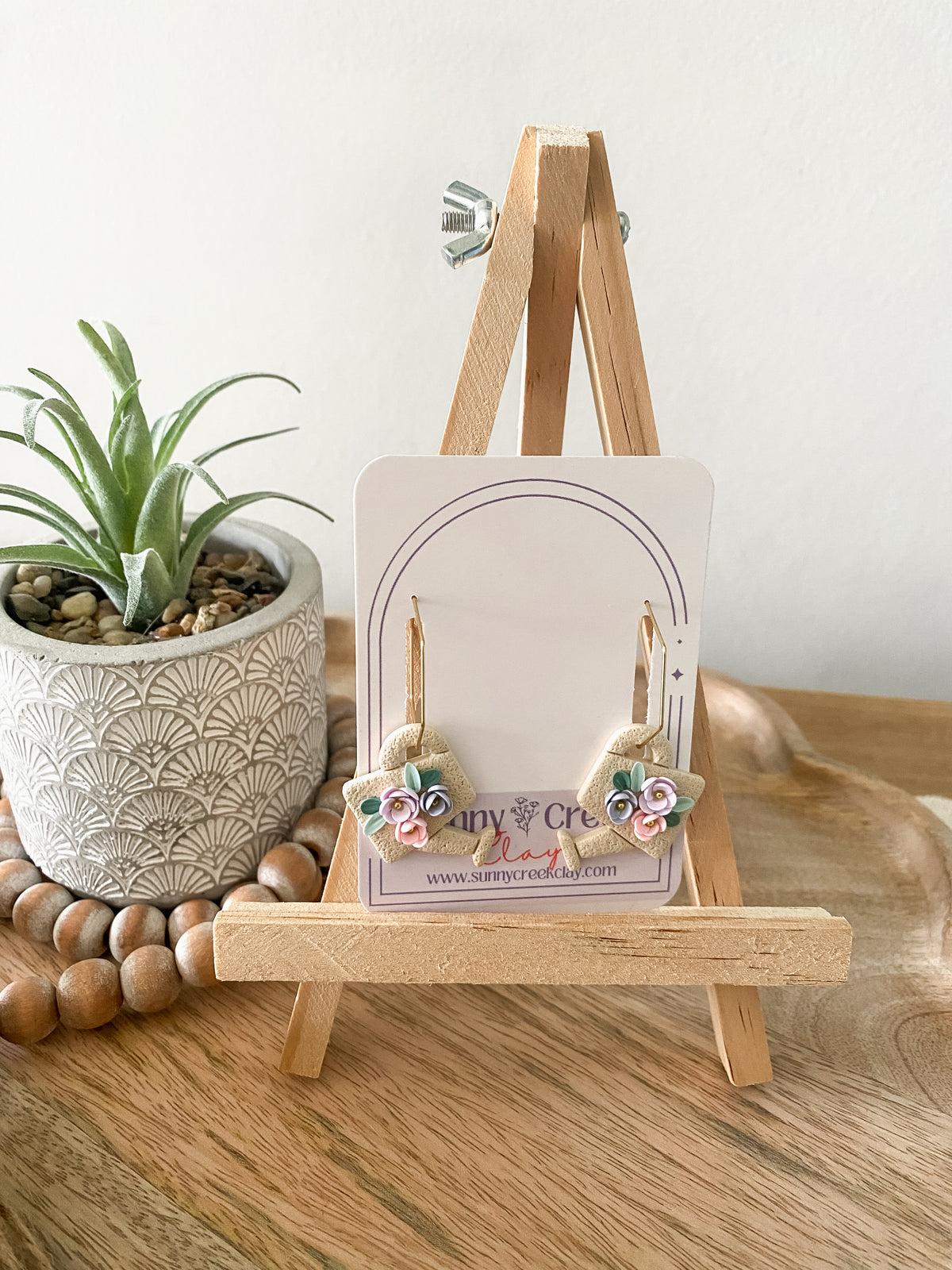 Cream floral watering can handmade polymer clay hoop earrings
