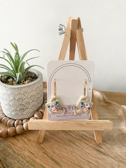 Cream floral watering can handmade polymer clay hoop earrings