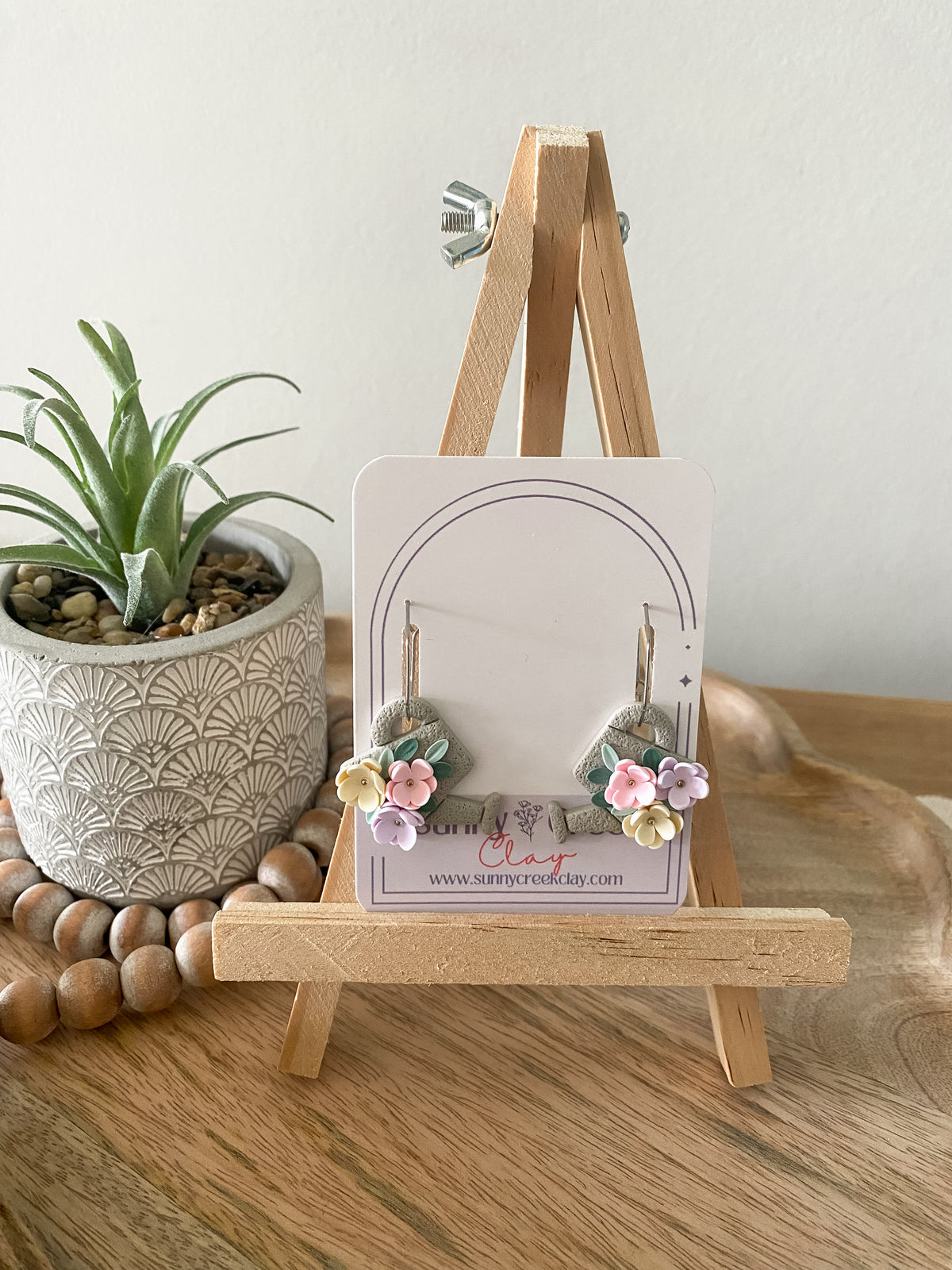Grey floral watering can handmade polymer clay hoop earrings