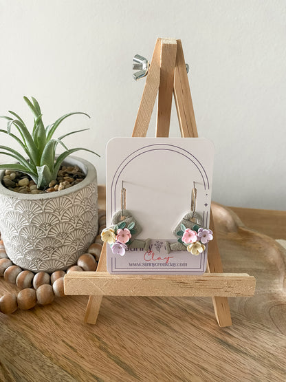 Grey floral watering can handmade polymer clay hoop earrings