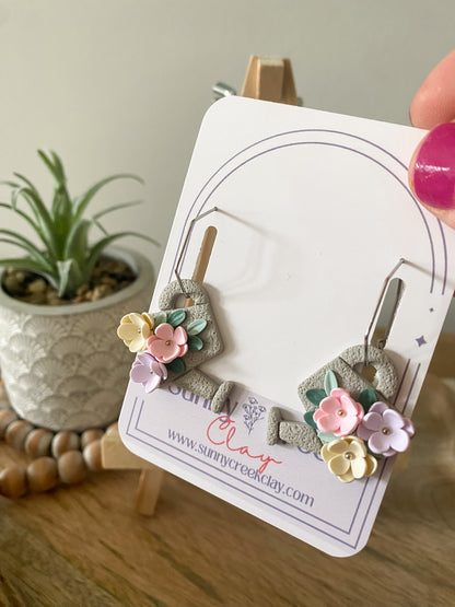 Grey floral watering can handmade polymer clay hoop earrings