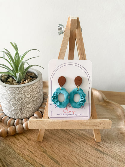 Teal floral oval earrings