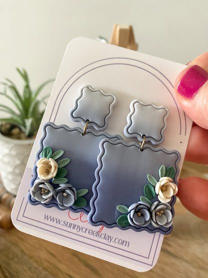 Blue ombre floral polymer clay earrings