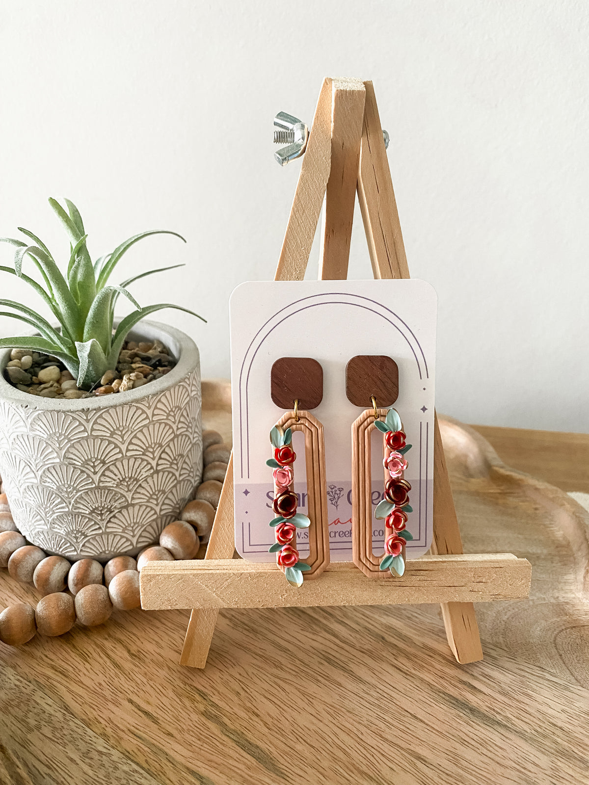 Thin red & pink handmade floral polymer clay earrings