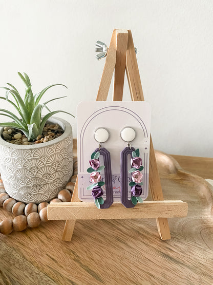 Purple elongated octagon floral earrings