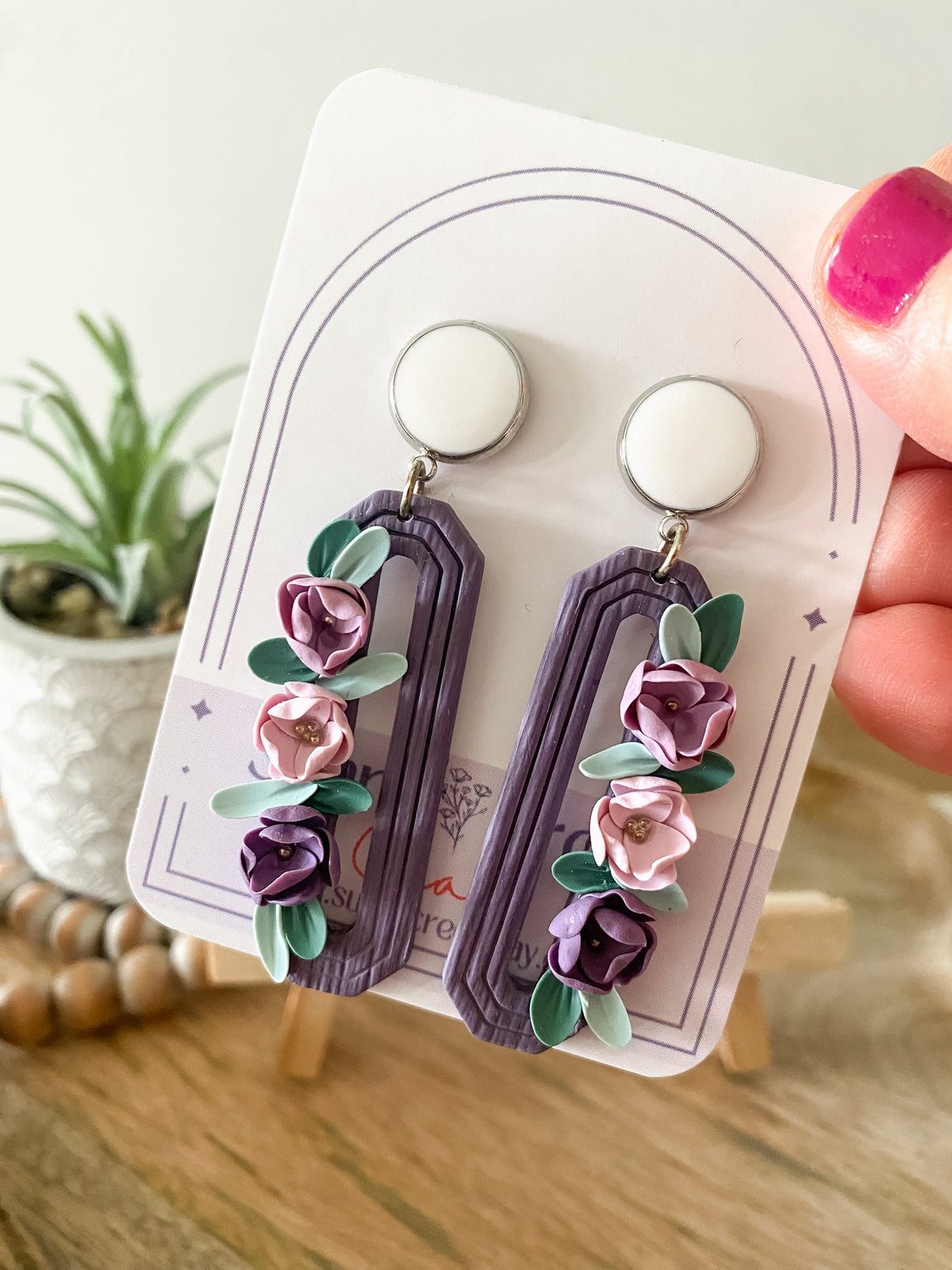 Purple elongated octagon floral earrings