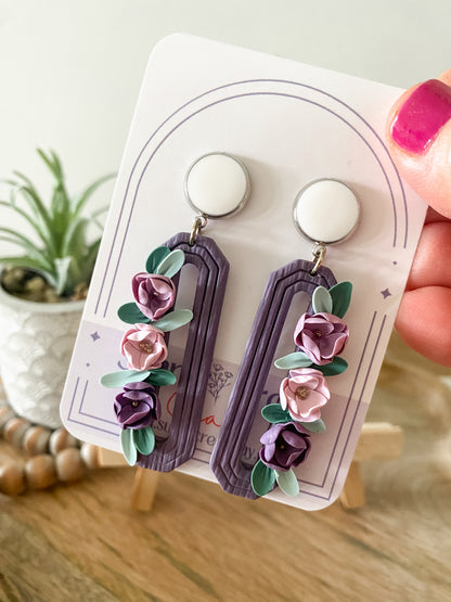 Purple elongated octagon floral earrings