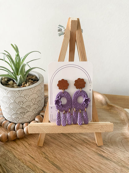 Purple oval floral dangle earrings