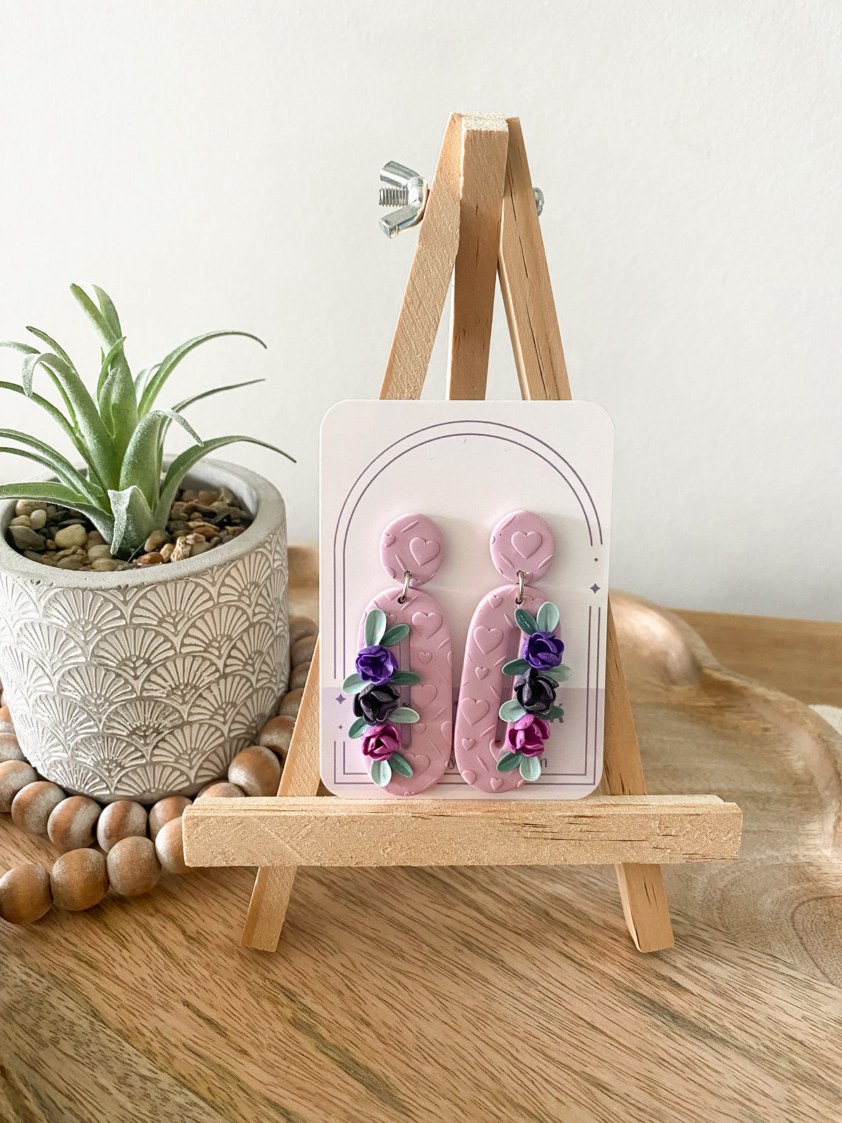 Purple oval floral heart handmade polymer clay earrings