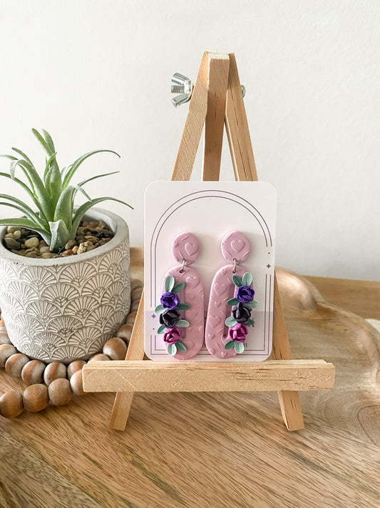 Purple oval floral heart handmade polymer clay earrings