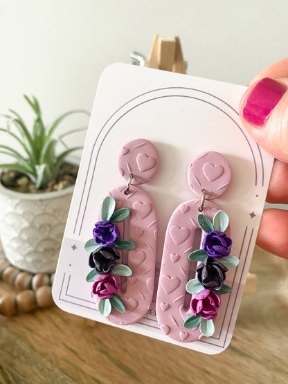 Purple oval floral heart handmade polymer clay earrings