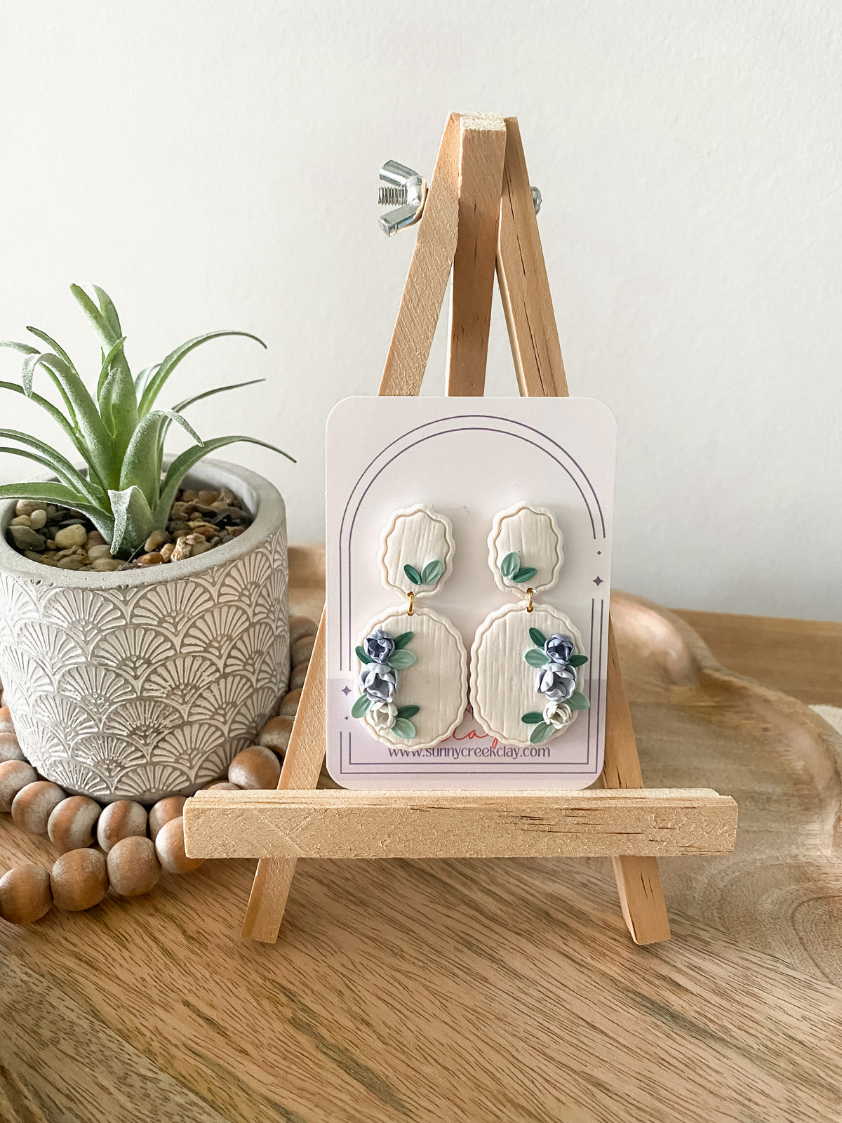 Oval handmade floral coastal polymer clay earrings