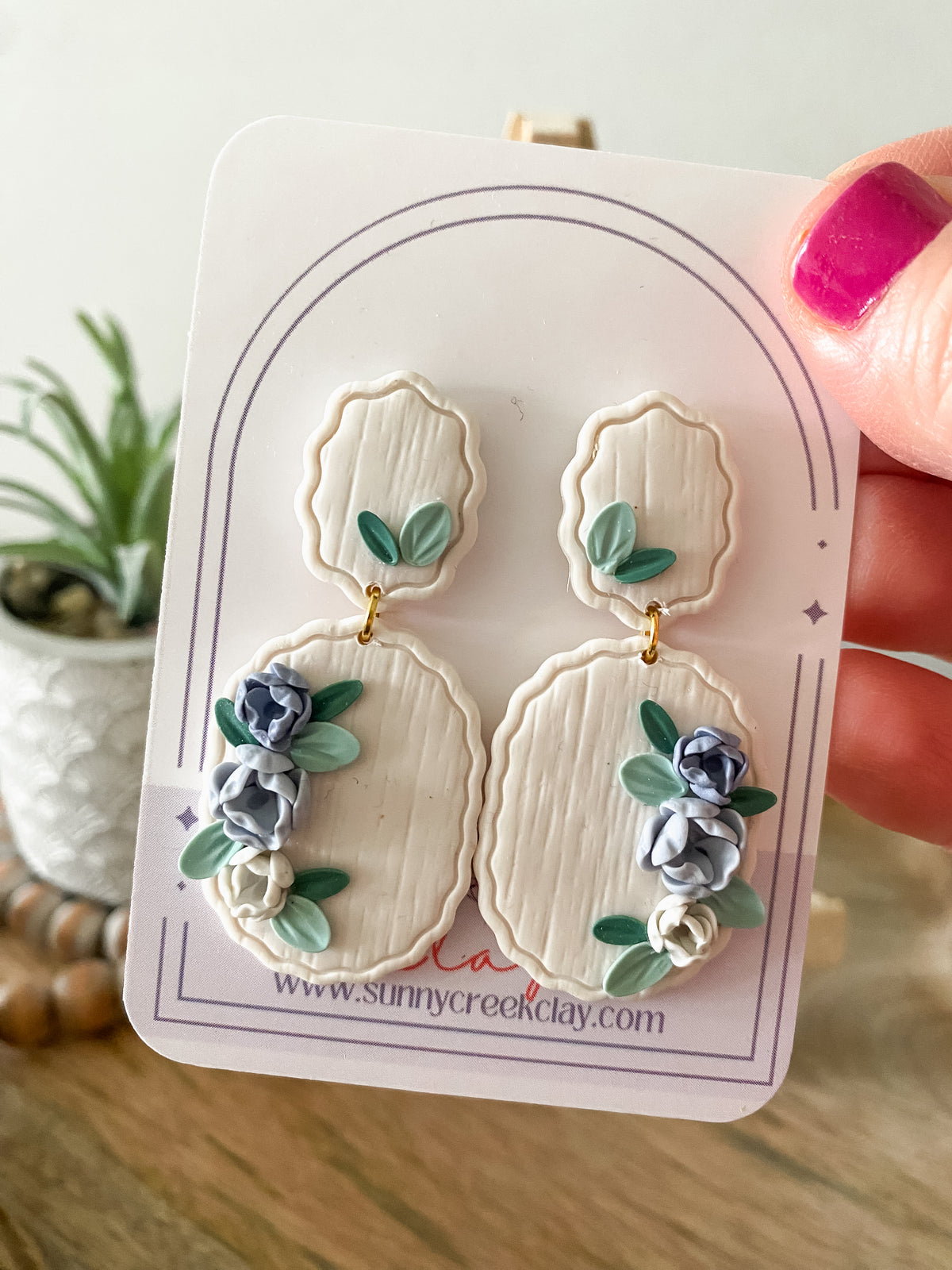 Oval handmade floral coastal polymer clay earrings