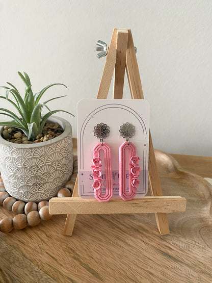 Pink elongated octagon floral earrings