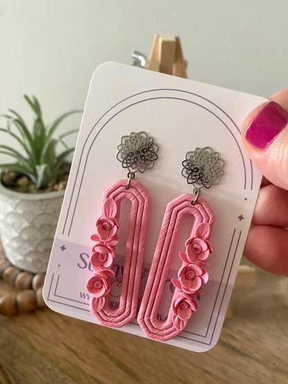 Pink elongated octagon floral earrings