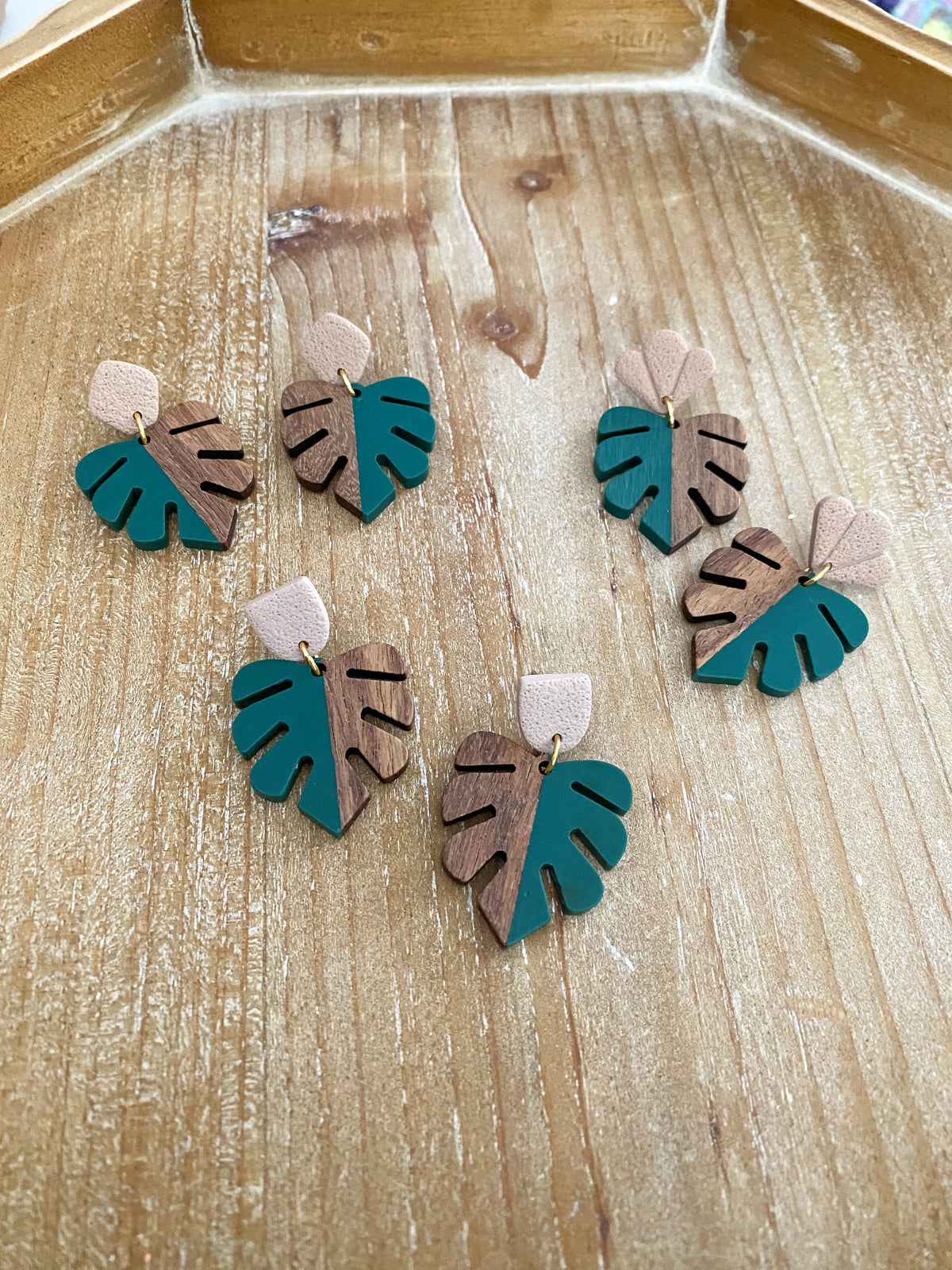 Green walnut and resin monstera polymer clay dangle earrings collection