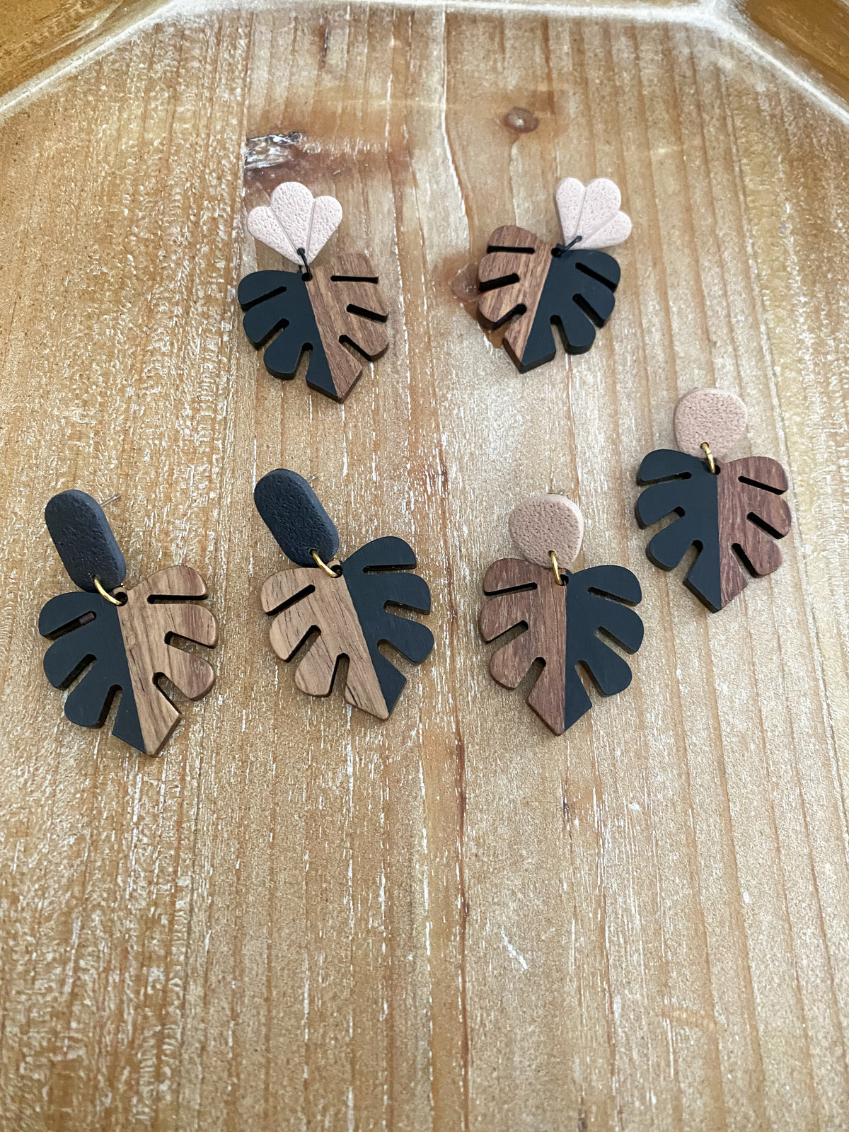 Black walnut and resin monstera polymer clay dangle earrings collection