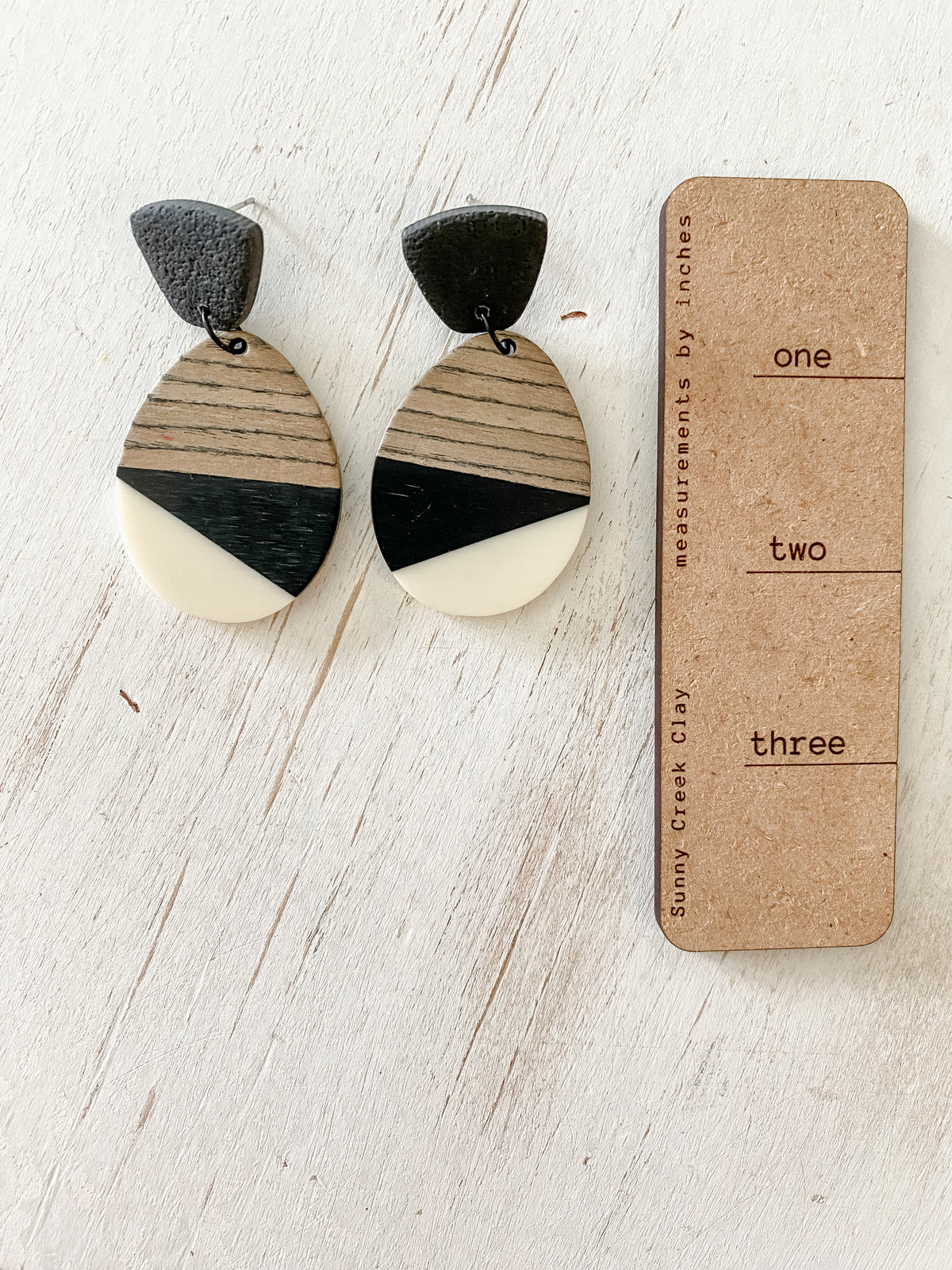 Black & white resin & walnut earrings