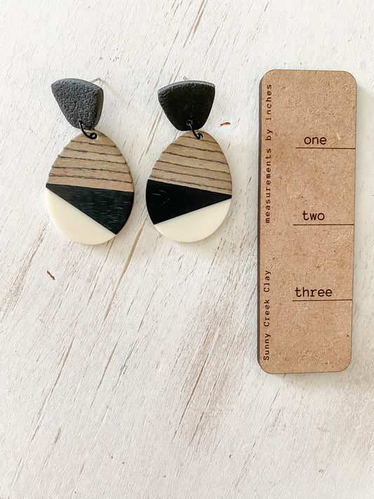 Black & white resin & walnut earrings