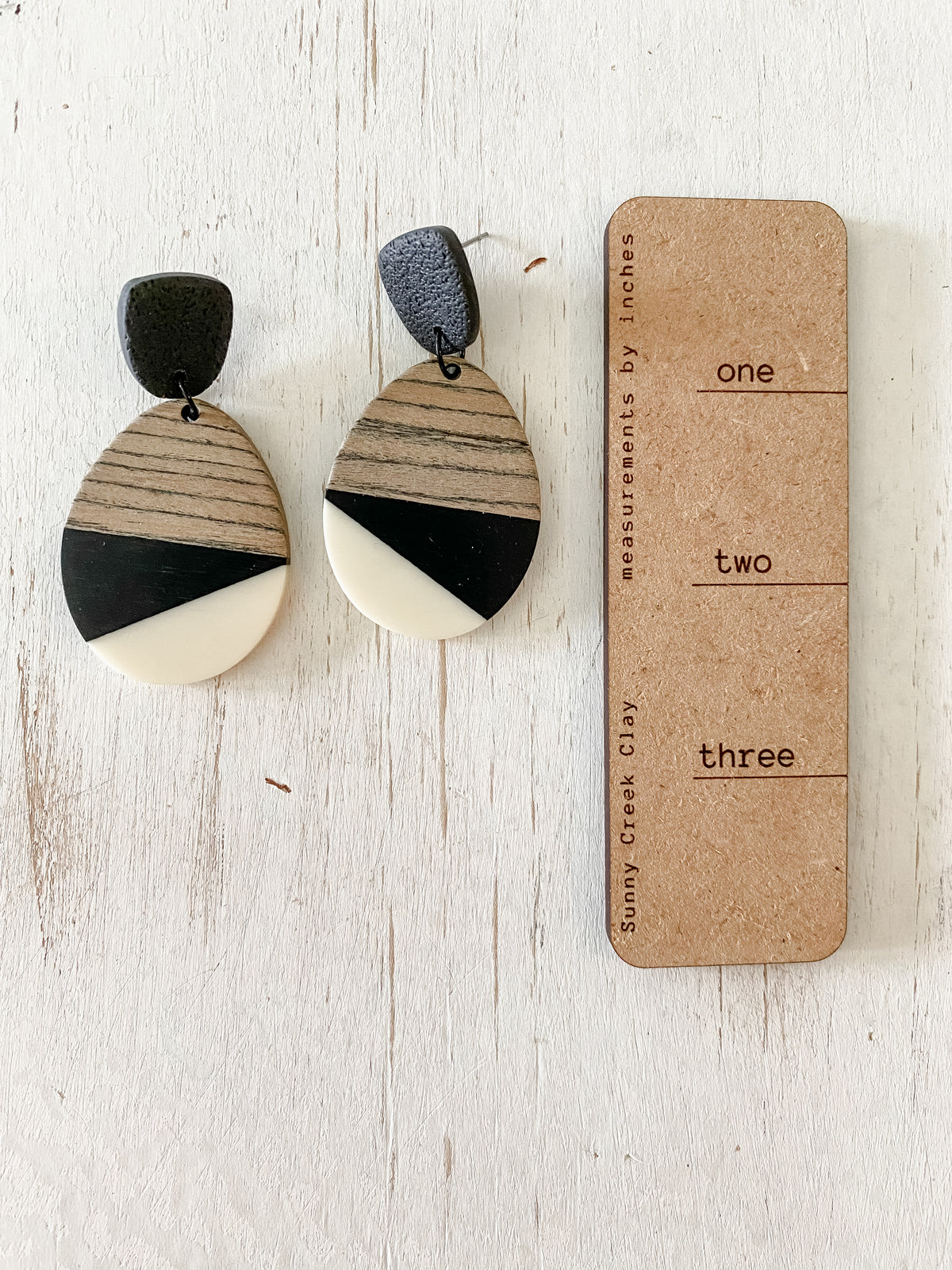 Black & white resin & walnut earrings