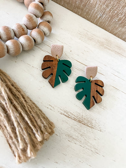 Green walnut and resin monstera polymer clay dangle earrings collection