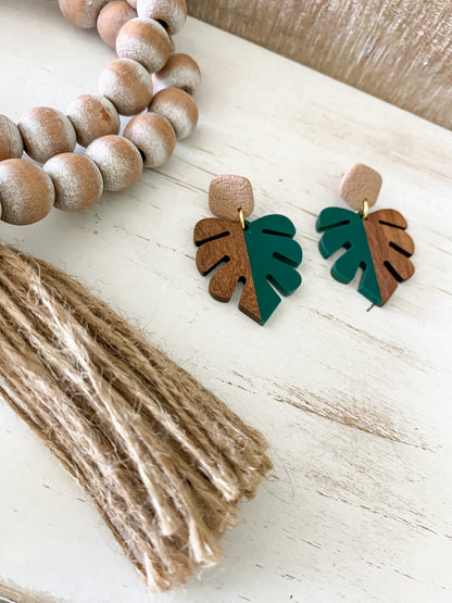 Green walnut and resin monstera polymer clay dangle earrings collection