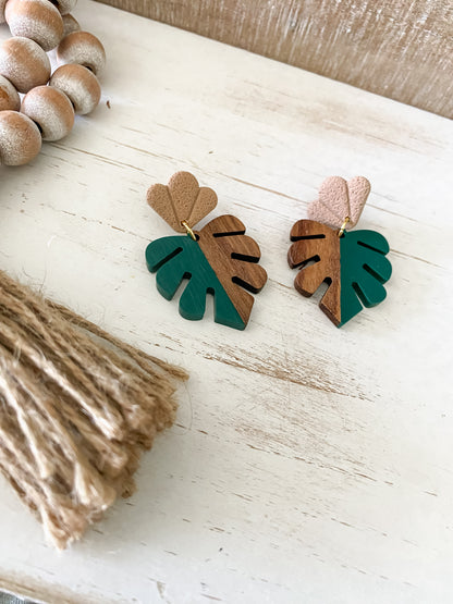Green walnut and resin monstera polymer clay dangle earrings collection