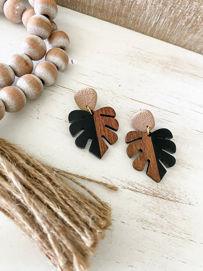 Black walnut and resin monstera polymer clay dangle earrings collection
