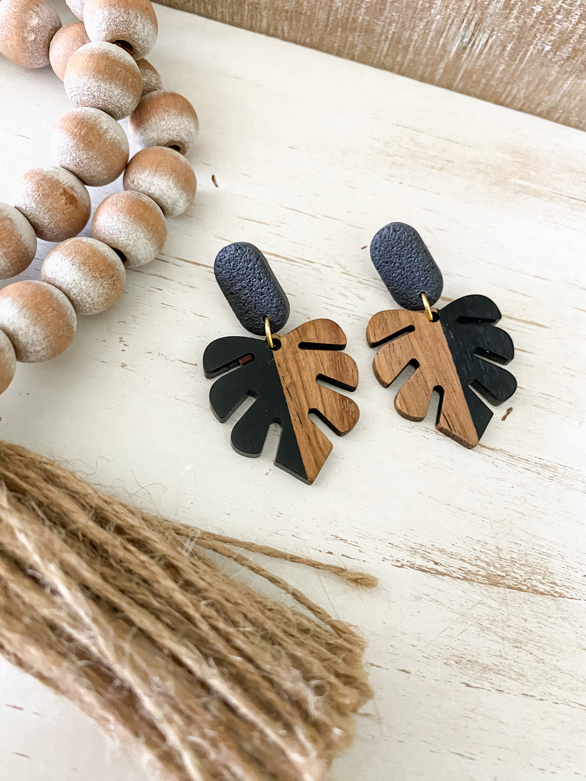Black walnut and resin monstera polymer clay dangle earrings collection